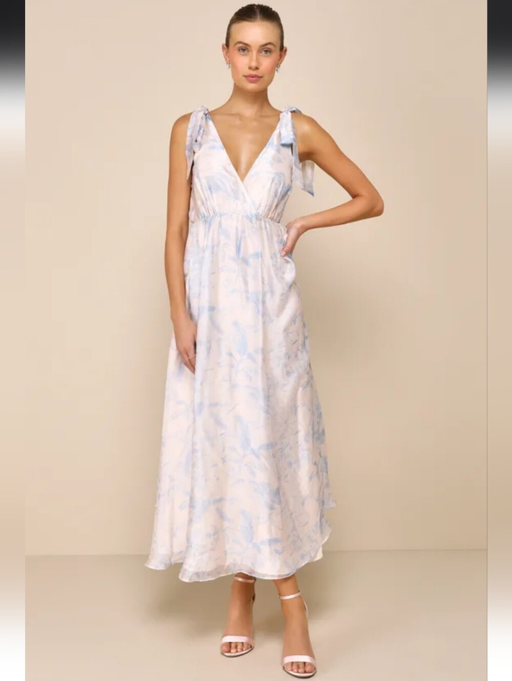 Sleeveless V-Neck Baby Blue Floral Tie-Shoulder Maxi Dress